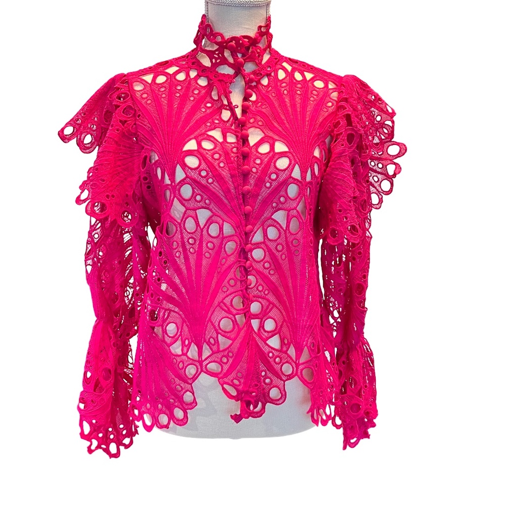 # A077 Nancy Vintage Fuchsia Lace Ruffle Blouse ,  New no tag , Size M